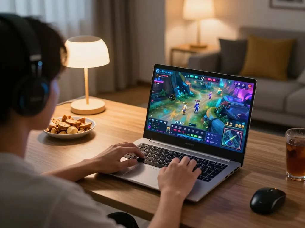Player engaged in intense gameplay with GO88 on a laptop in cozy home setup