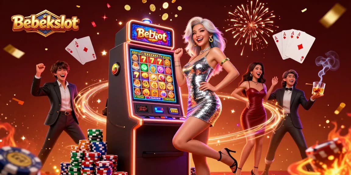 Bebekslot: Celebrate big wins with a gorgeous Asian woman by the slot machine amidst vibrant casino action