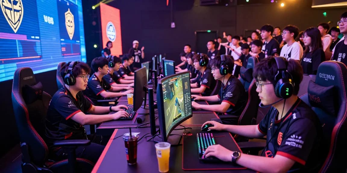 Gamers in a hitclub esports arena strategizing during tournament action.
