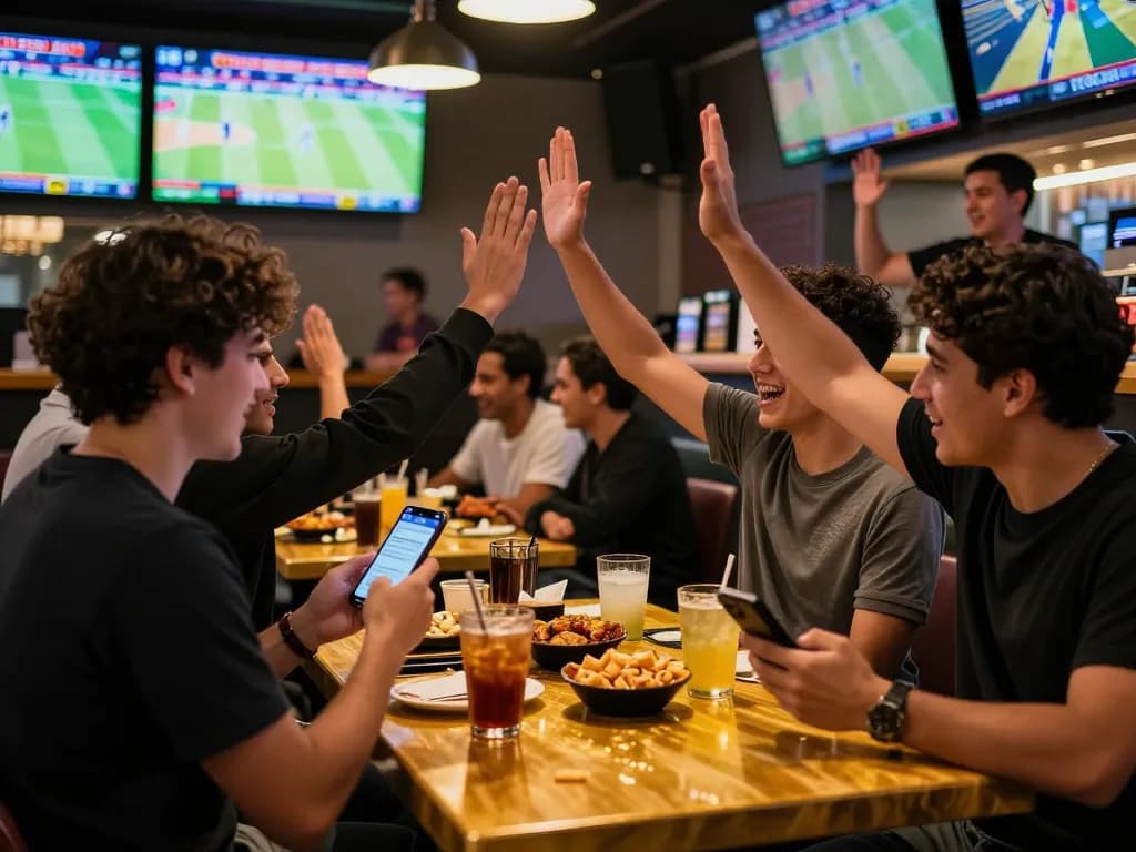 Patrons excitedly checking tỷ lệ nhà cái odds on their smartphones in a bustling sports bar during live matches.