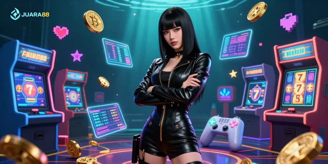 Engage with JUARA88 in a vibrant 3D casino scene filled with Bitcoin coins and gaming action.