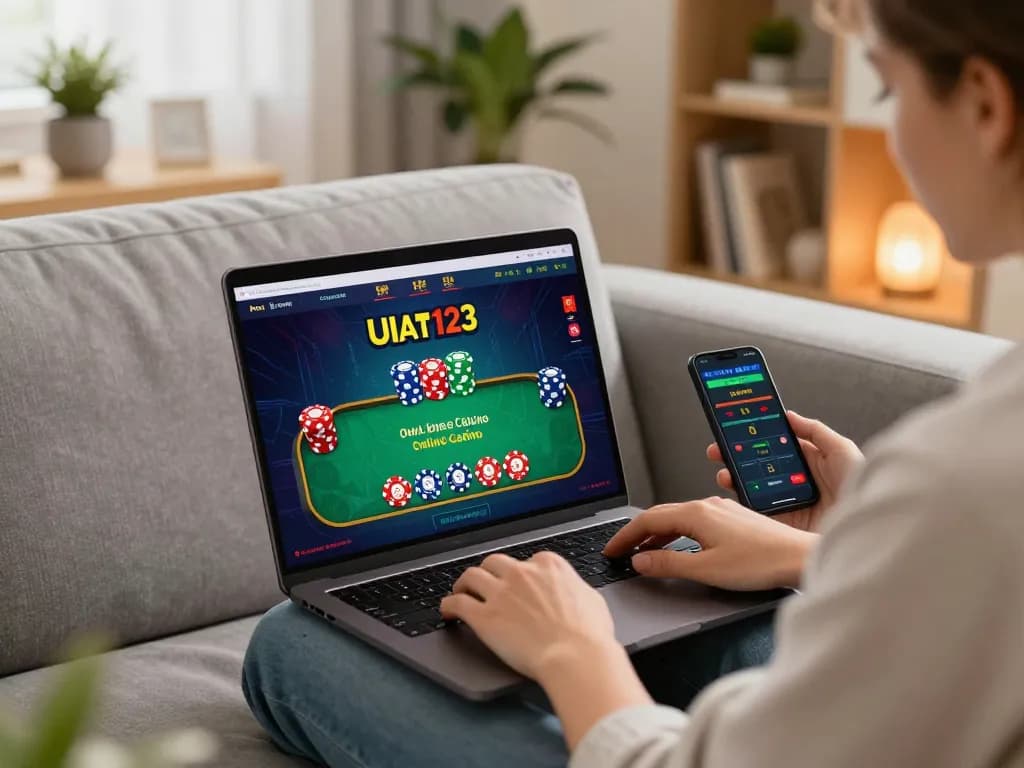 Momen menarik dari permainan online Ulat123 dengan laptop dan chip poker di pengaturan ruang tamu yang nyaman