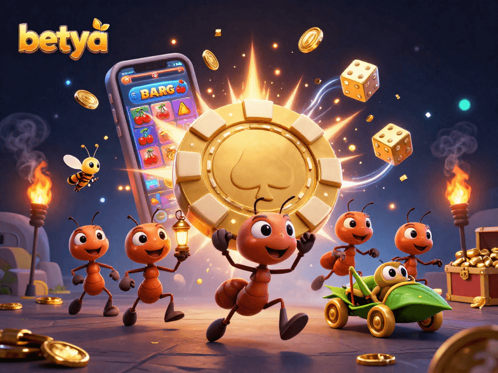 Join betya with a vibrant scene of 3D cartoon ants heisting a giant poker chip among casino games.
