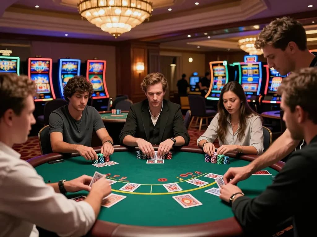 Players engaging in an exciting z16 blackjack game on a vibrant casino floor, dealer handling cards