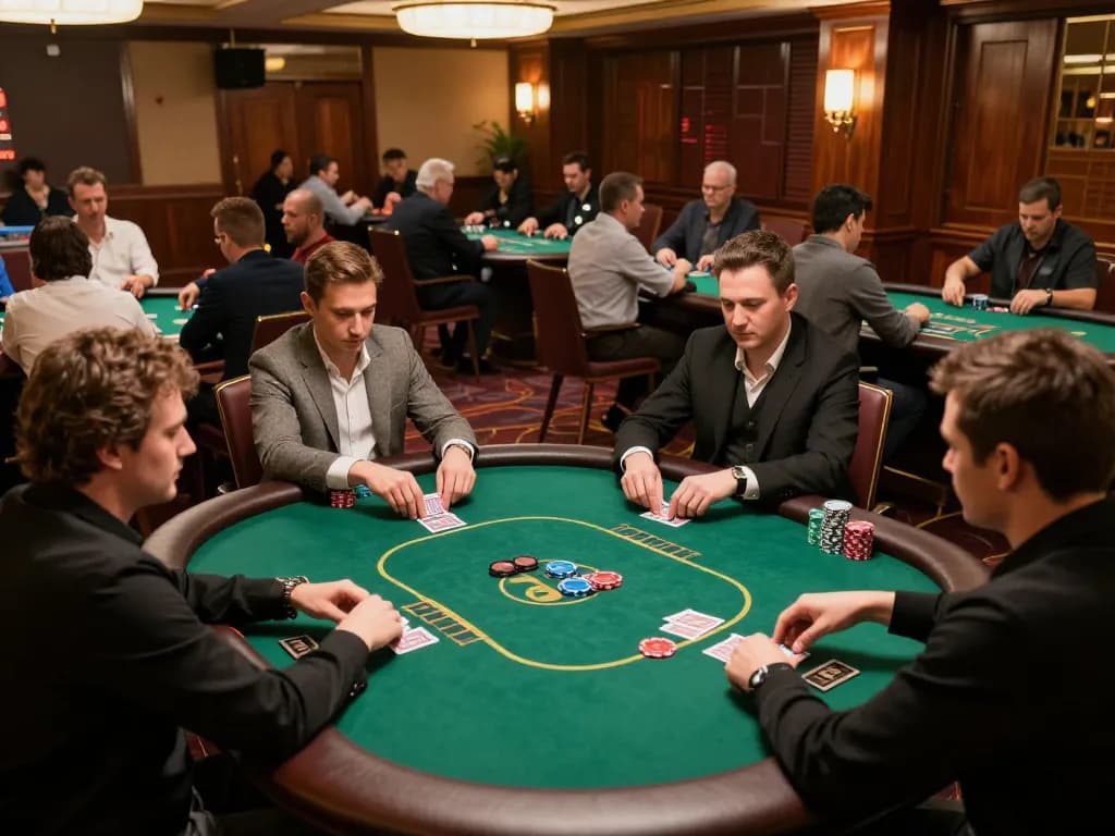 Players strategizing their bets at the 7M poker tournament on a vibrant casino floor.