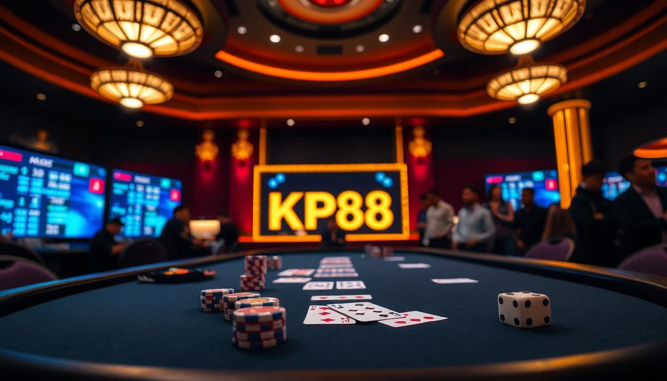 Engaging scene at KP88 poker table with chips, cards, and players enjoying the thrill of gambling.