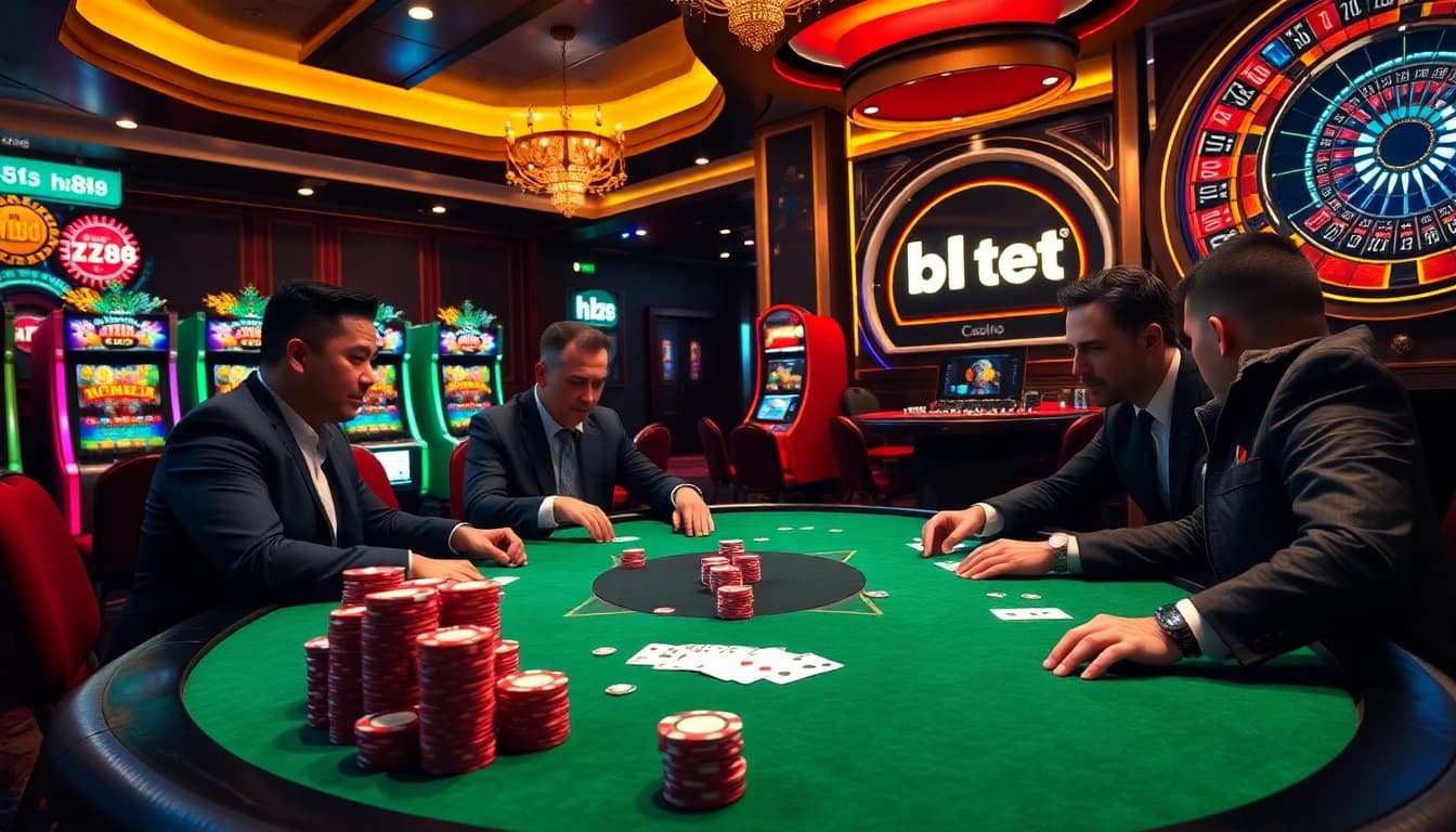 Experience thrilling gameplay at a luxurious casino featuring hz88 poker tables and vibrant slot machines.