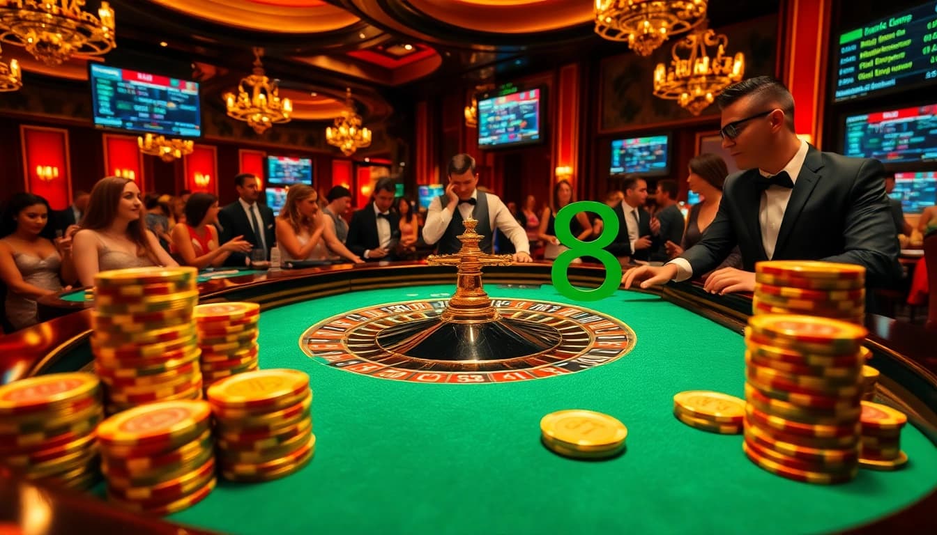 Players engaging in casino excitement at Luck8 with roulette and poker chips.