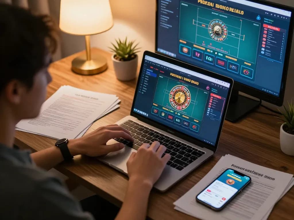 Engaging online roulette gameplay on rik88 app showing strategic betting in a cozy home office.