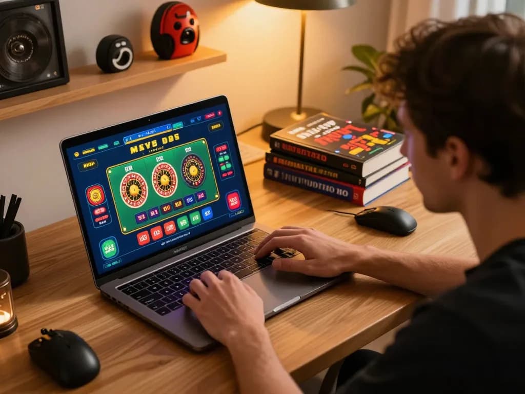 Pemain berinteraksi dengan kanzenmap di laptop kasino langsung, menunjukkan gameplay yang mengasyikkan.