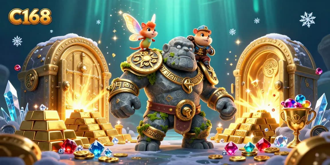 C168 players uncover treasures with magic in this vibrant casino-themed 3D illustration.