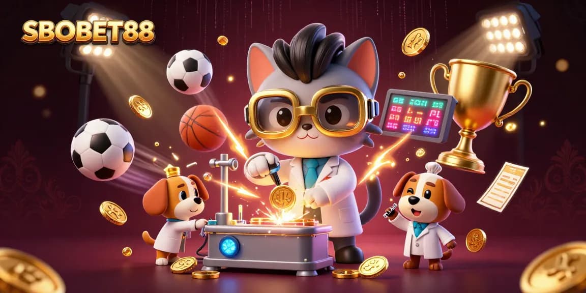 SBOBET88 sports betting scene with animated characters and vibrant gambling elements, dynamic and engaging.
