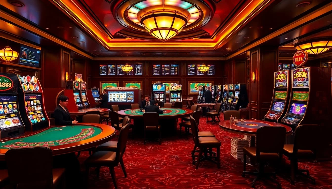 Experience thrilling gameplay at nhà cái af88 with vibrant casino tables and colorful poker chips.