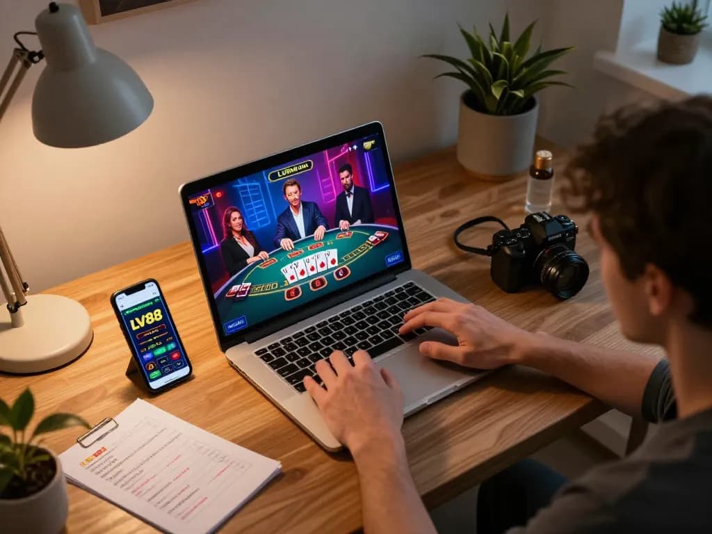 Player engaging in LV88 online blackjack from a stylish home office setup