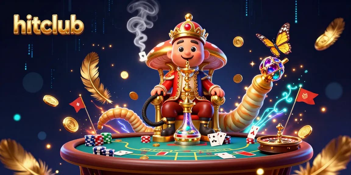 Experience the excitement of hitclub with vibrant 3D illustrations featuring poker elements and a mystical caterpillar character.