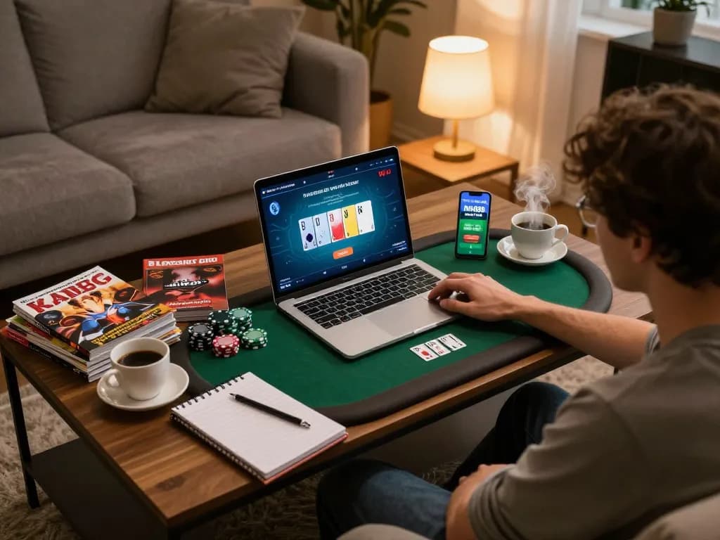 Player engaging in an online poker game at home using the nn888 platform, surrounded by strategic notes