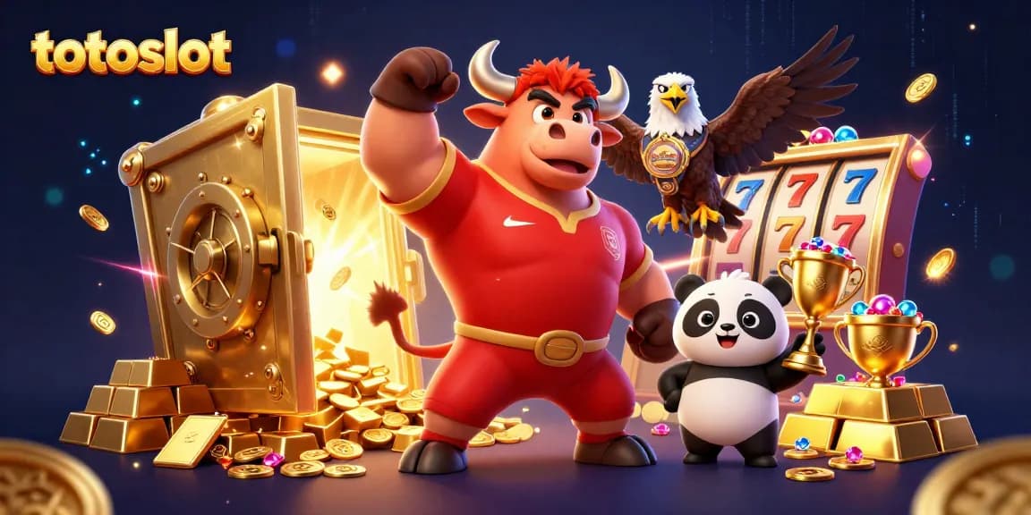 Experience the thrill of totoslot with animated characters and golden treasures in a dynamic casino scene.
