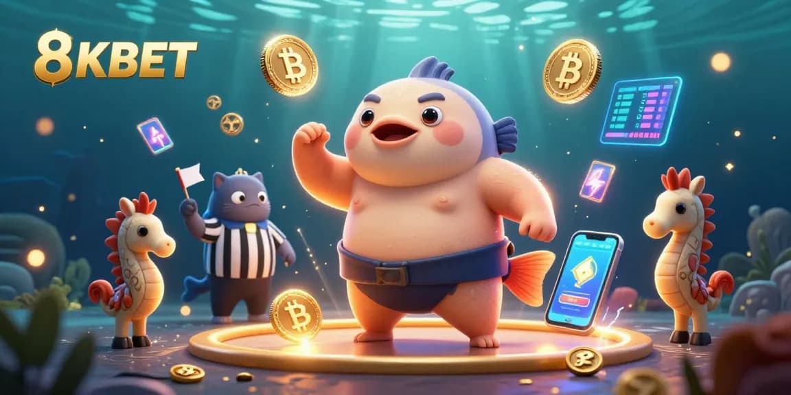 8KBET engages players with an exciting underwater casino scene featuring a lively blowfish, catfish referee, and vibrant crypto elements.
