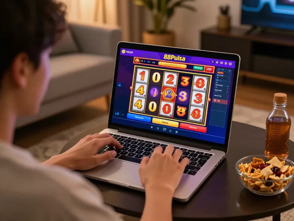 Pemain yang terlibat menikmati permainan slot di 88Pulsa, menampilkan aksi permainan yang cerah dan relaksasi.