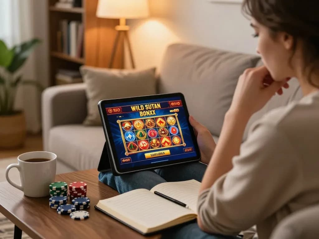 Engaging in online gaming with Wild Sultan bonus sans dépôt promotion on a tablet at home, showcasing responsible gambling.
