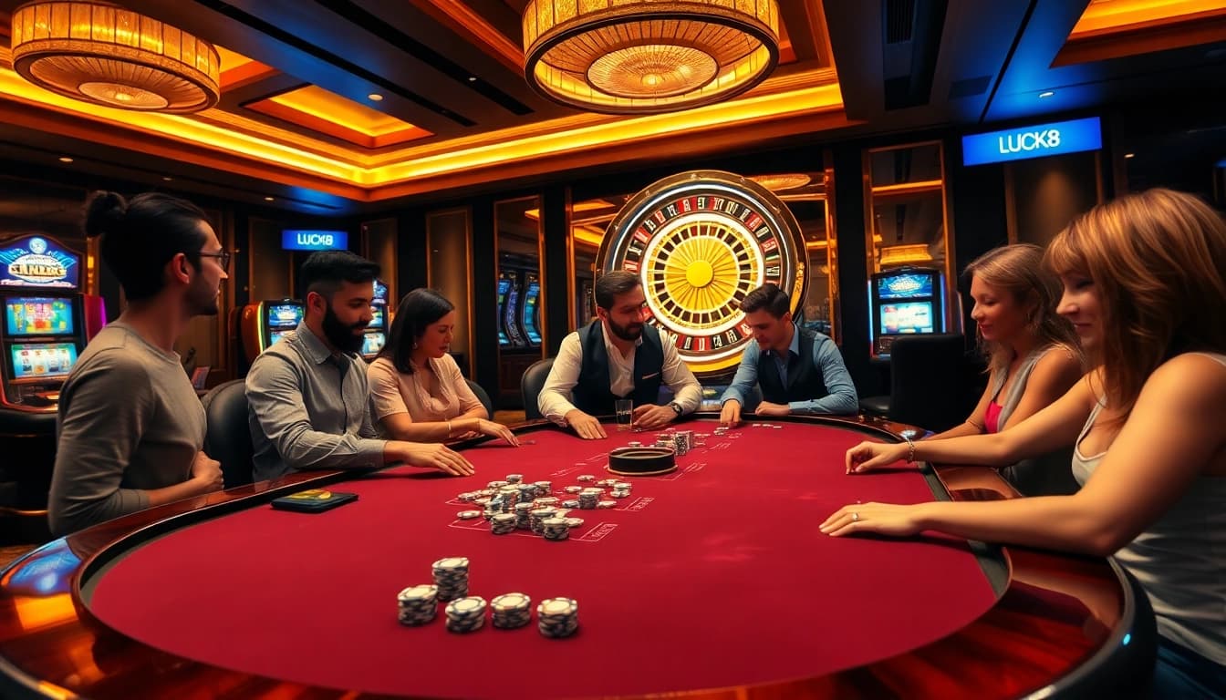 LUCK8 casino scene featuring an exciting poker game with vibrant chips and roulette wheel.