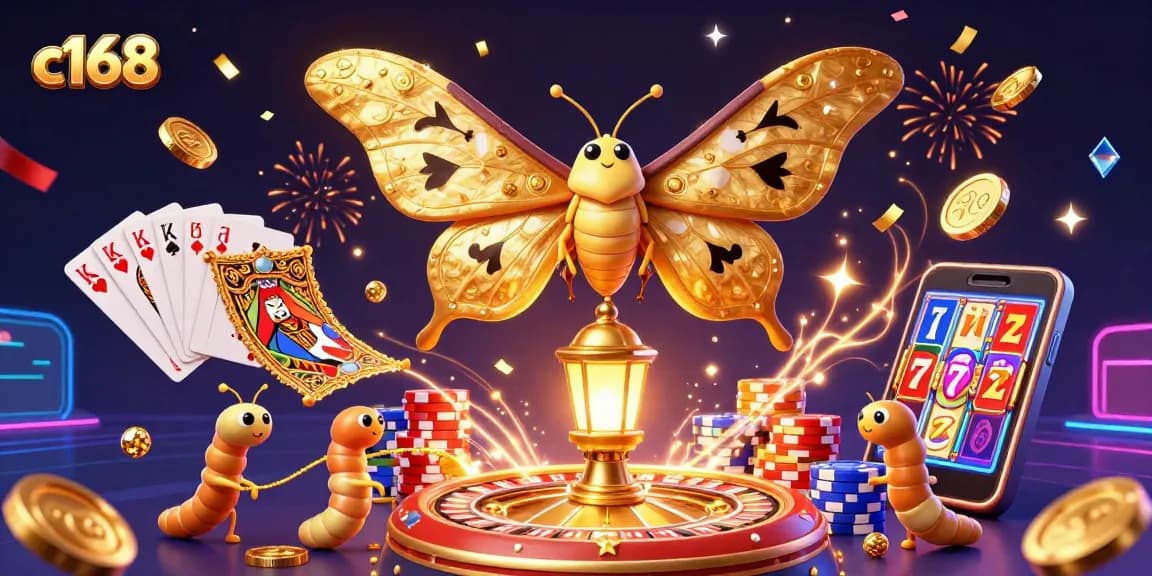 Catch vibrant gaming excitement at c168 with a colorful casino scene featuring an atlas moth and stunning slots.