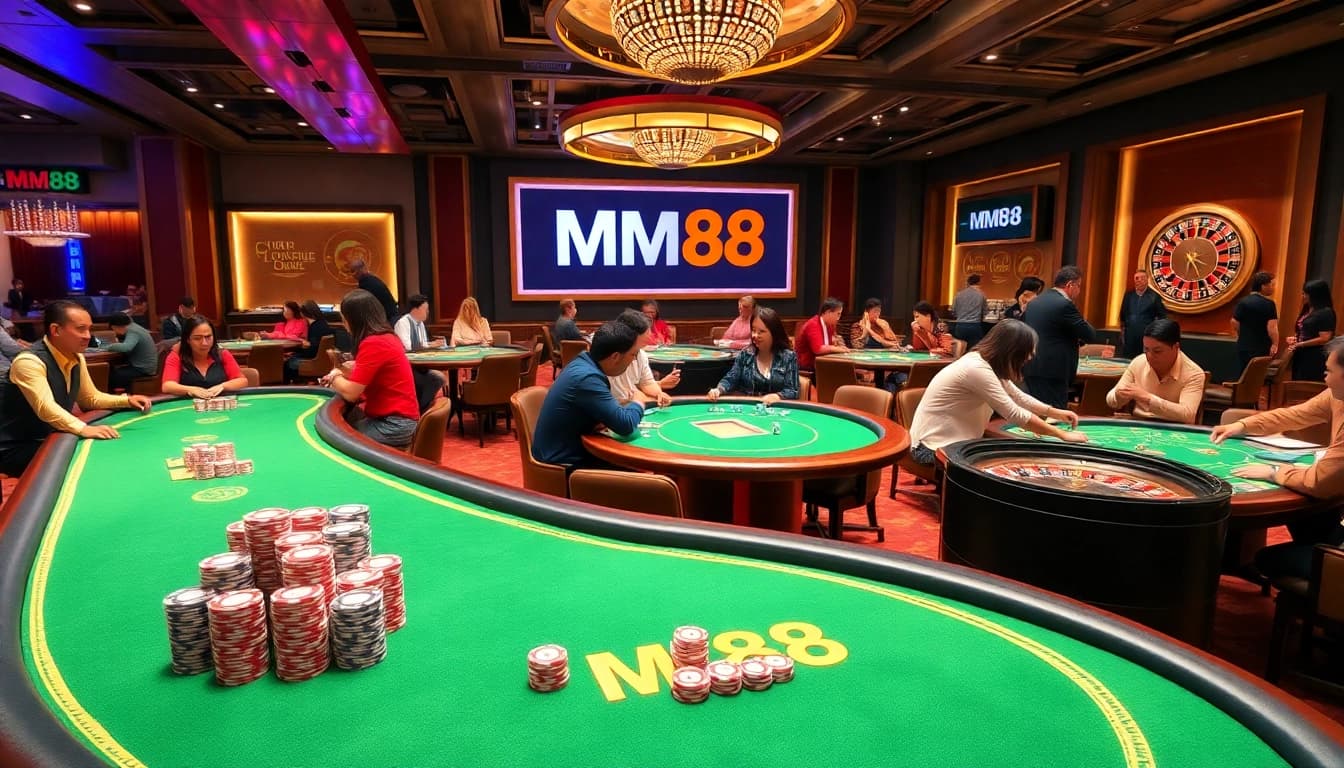 Experience thrilling gameplay at MM88 with vibrant casino tables, poker chips, and roulette wheels.