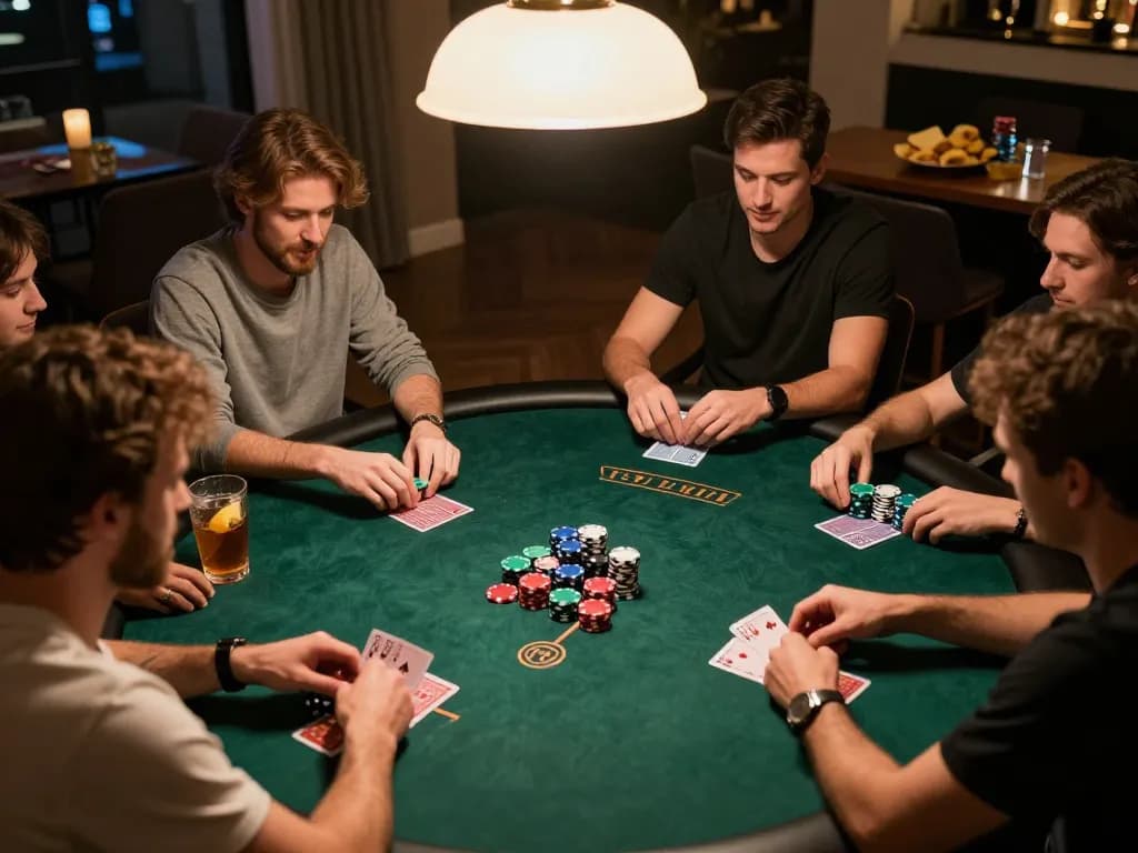 Soi Kèo poker night with friends analyzing strategies and enjoying drinks at the table.