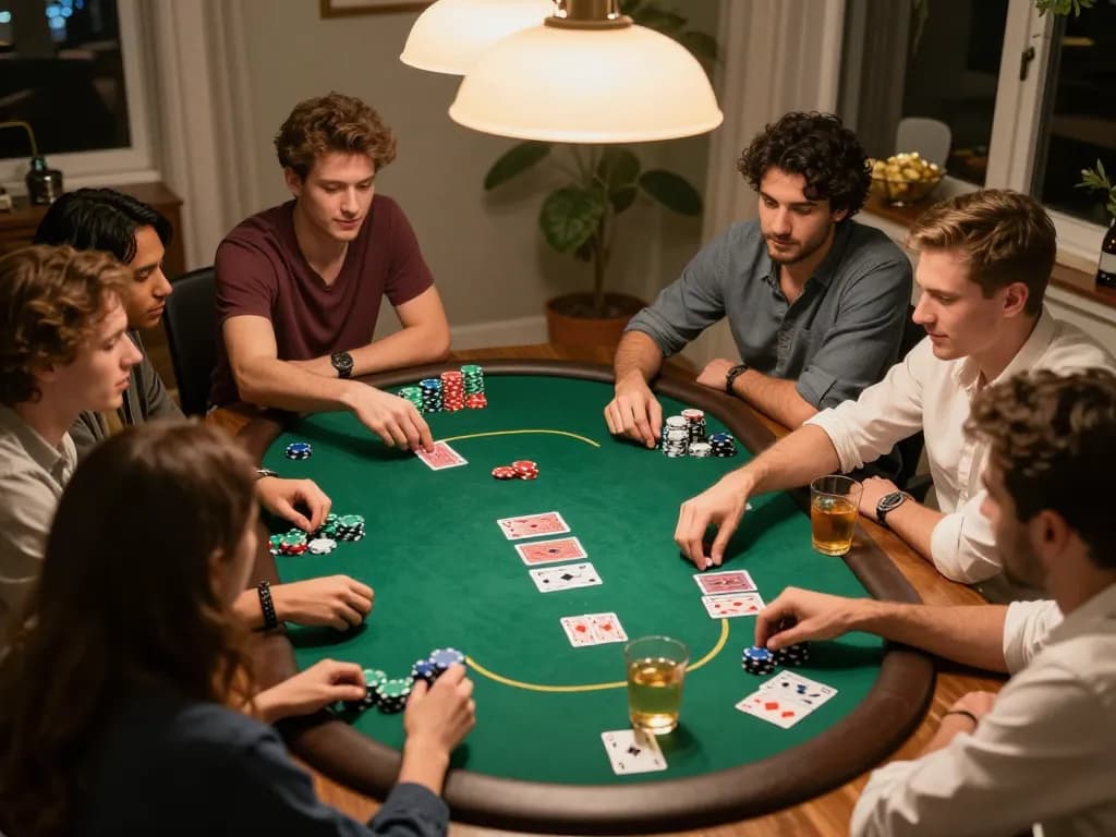 B52club players enjoying a thrilling home poker game with chips and cards laid out.
