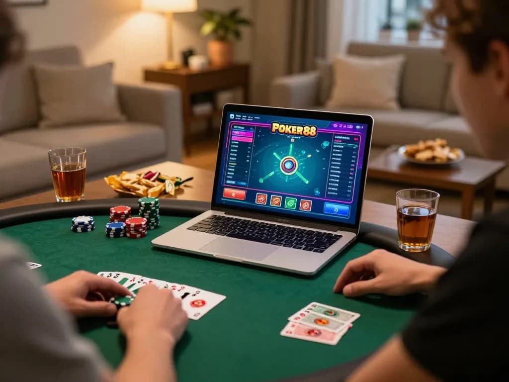 Engaged player at home using Poker88 Alternatif Link on a laptop during an online poker game