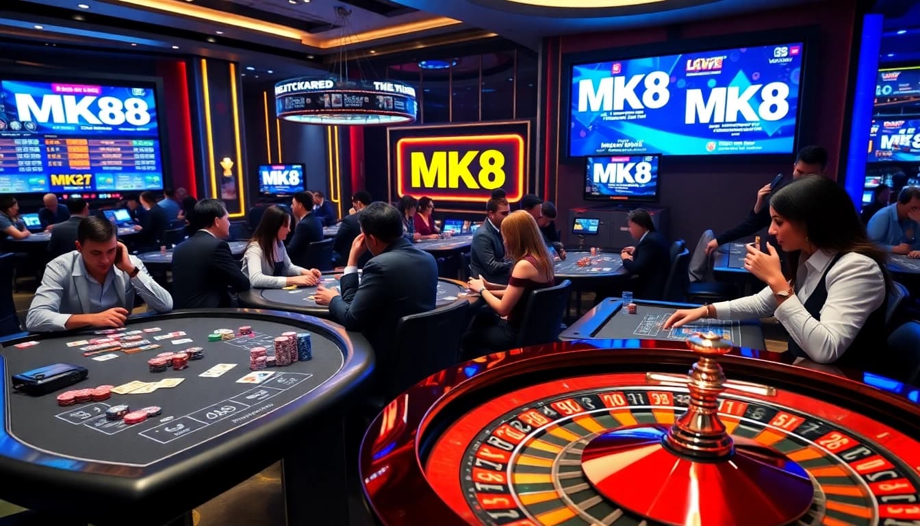 Engaging gamblers at MK8 casino tables with poker chips and roulette wheels.