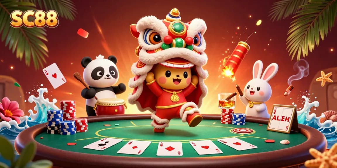 Engage with SC88’s exhilarating poker scene featuring animated lion dance characters celebrating wins.