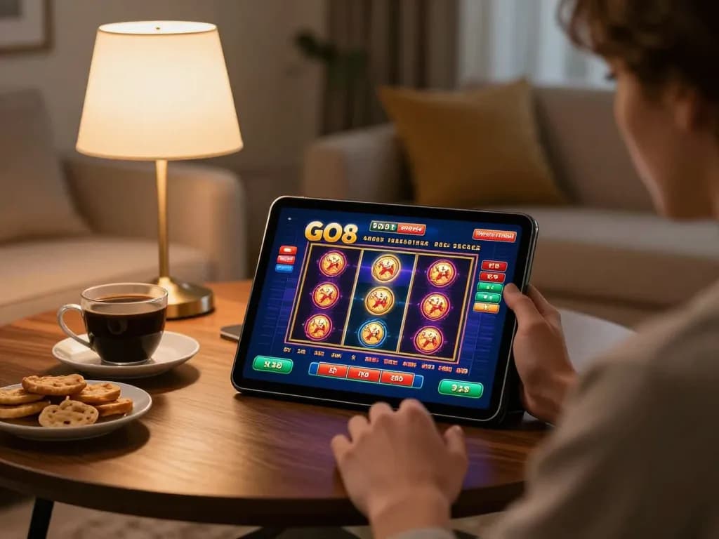 Player engaged in online gaming on GO8 platform from a cozy living room setting