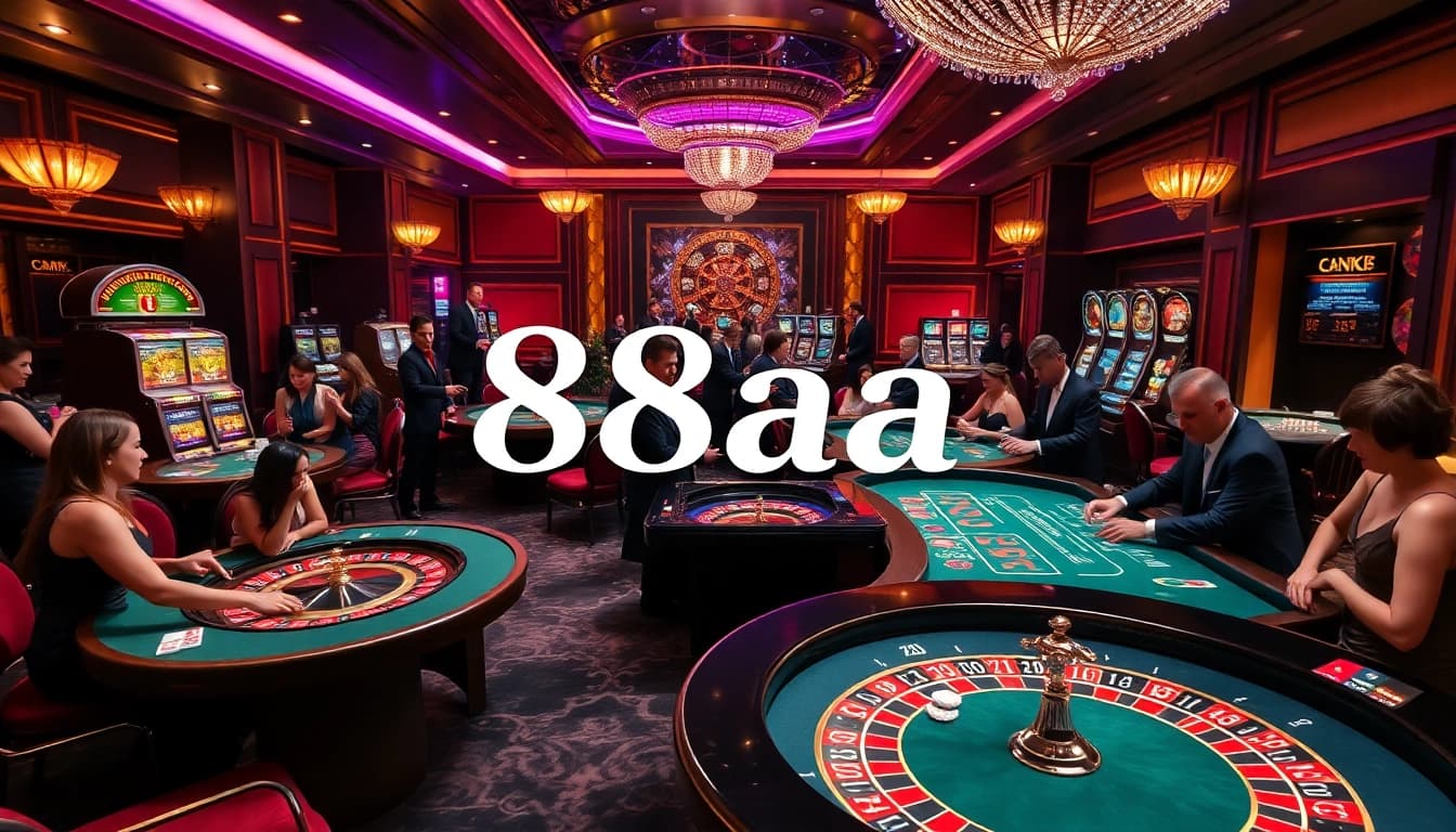 Exciting scene of gamblers playing at 88aa casino tables with vibrant slot machines and roulette wheels.