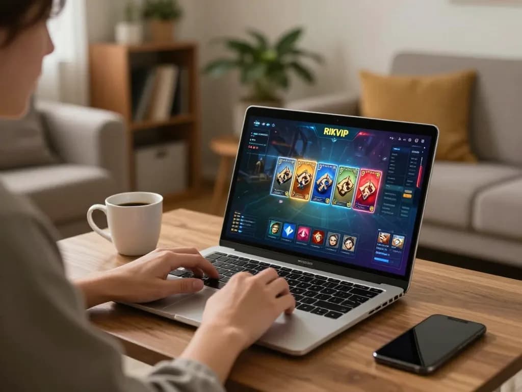 Playing RIKVIP on a laptop in a cozy living room, showcasing vibrant card graphics.
