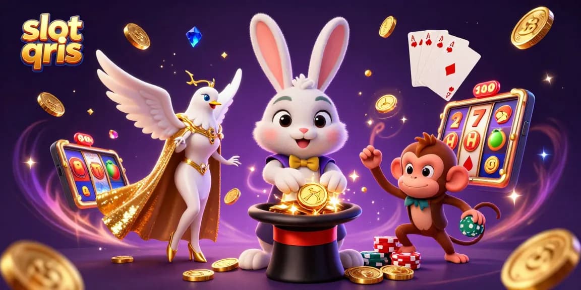 Experience winning action at slot qris with a dynamic scene featuring a magical rabbit and vibrant casino elements.