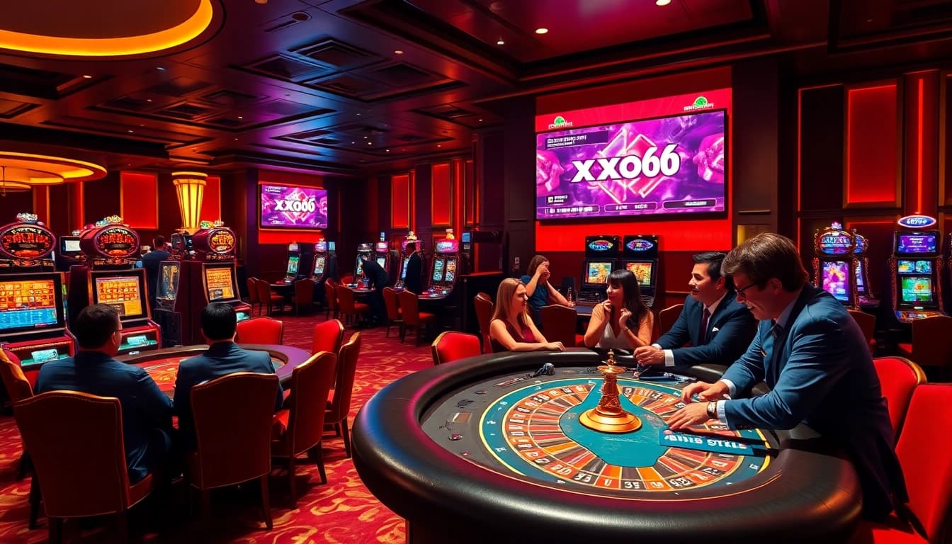 Experience the excitement at xoso66 with players cheering over casino games in a luxurious setting.