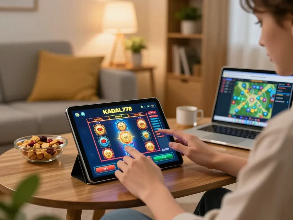 KADAL778 online gaming setup with a player engaged in exciting slot games on a cozy tablet