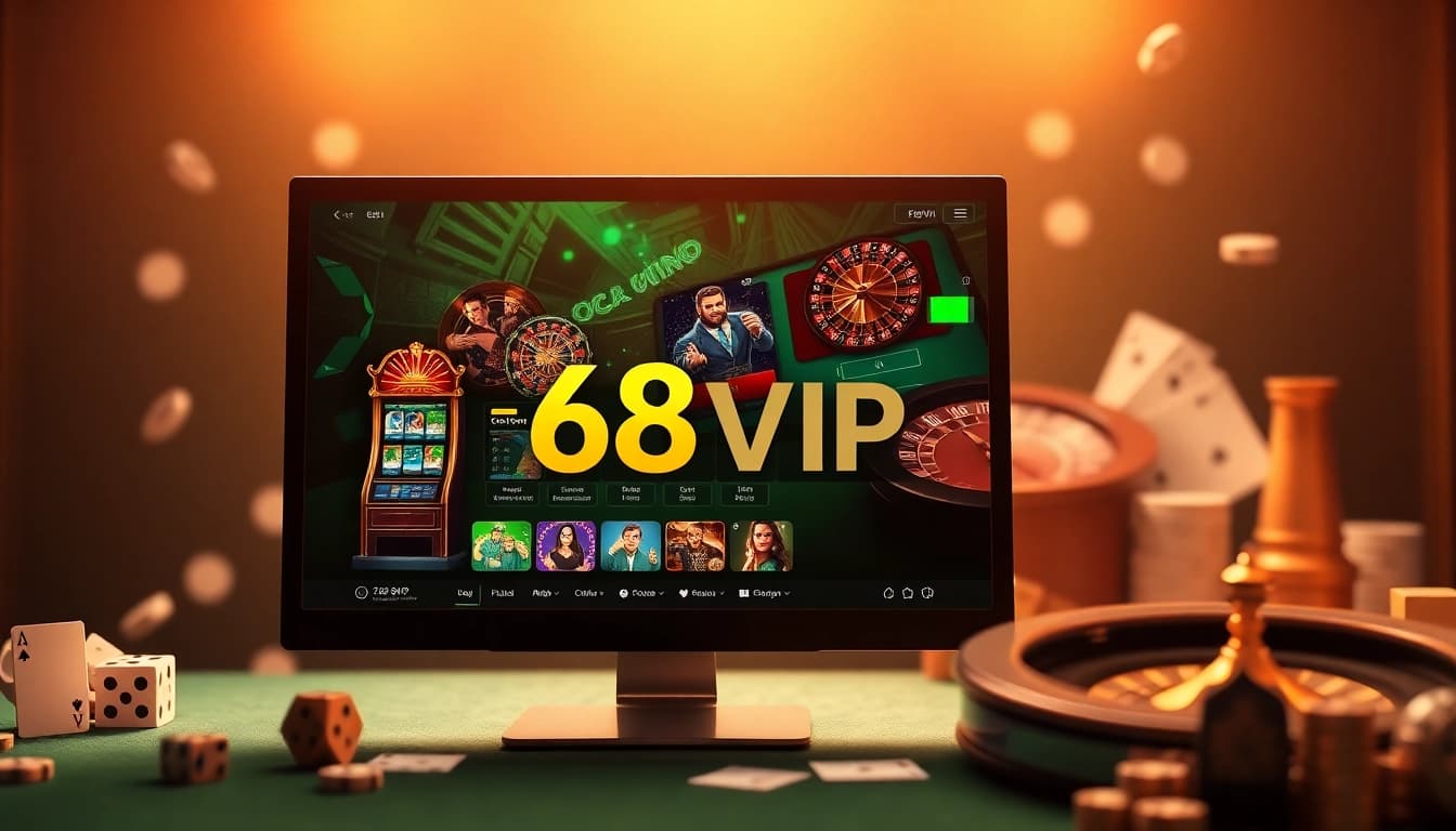 Engage with Đăng Nhập Nhà Cái 68VIP through a luxurious online casino interface showcasing games and excitement.
