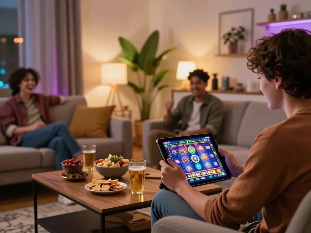 Player engages in thrilling online slot gaming on hu platform, showcasing vibrant app interface and cozy home setting.