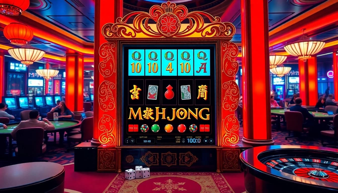 Play slot demo on a luxurious Mahjong-themed slot machine in a vibrant casino setting.