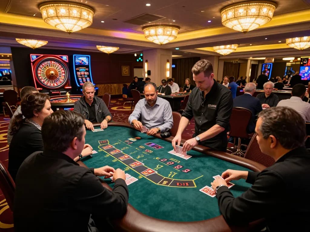 Players engaging in intense blackjack action at a casino table featuring the TT88 strategy for better odds.