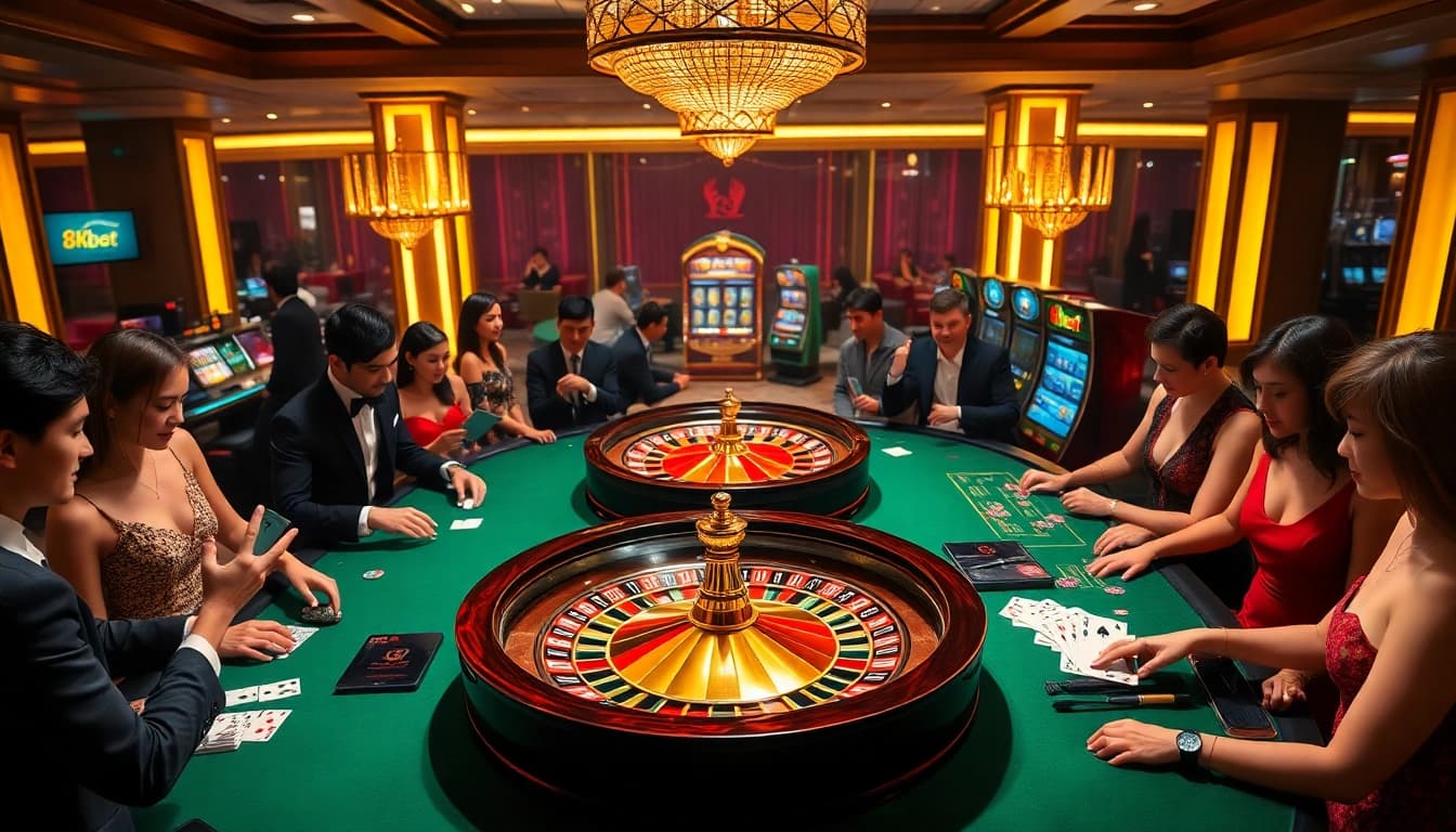 Gamblers enjoying an exciting moment playing at 8kbet casino tables, showcasing roulette and poker.