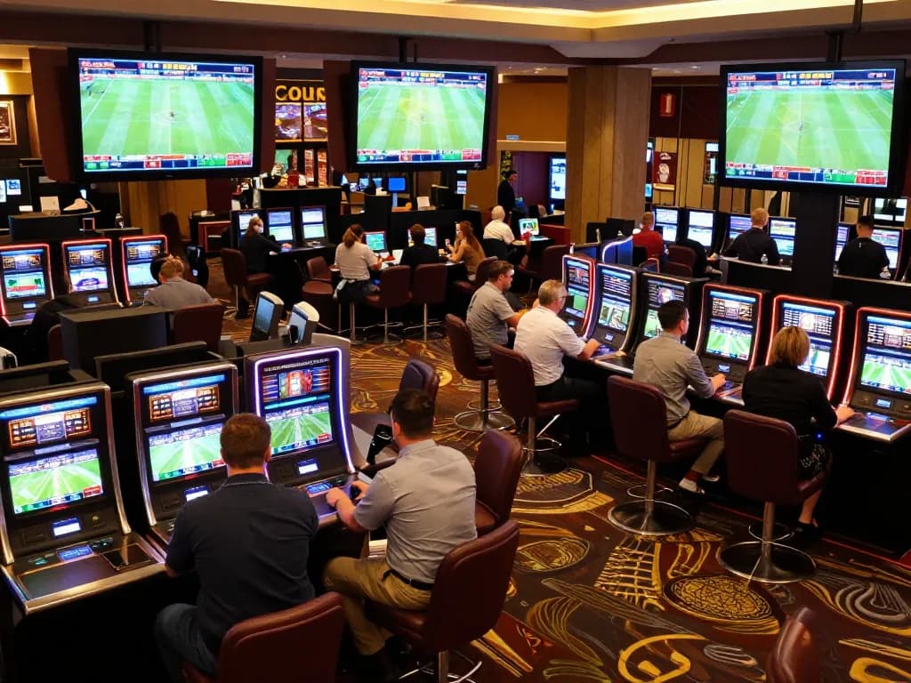Betting on Tỷ Lệ Bóng Đá at a bustling casino sports betting area with high-energy atmosphere.