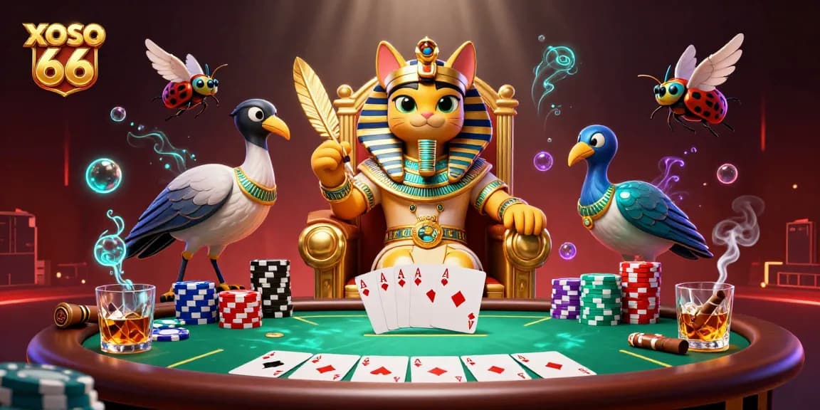 Xoso 66 enhances your winning chances with vibrant 3D casino creatures around a poker table.