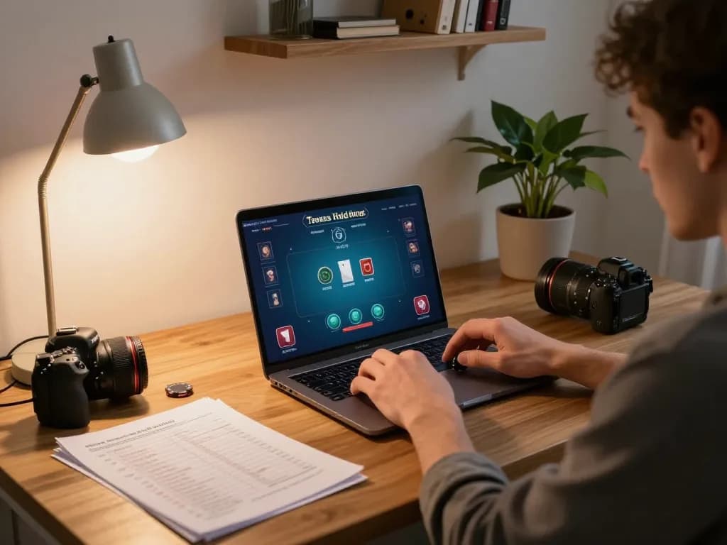 Engaging in online poker gameplay at home with UU88, showcasing strategy notes and laptop interface.