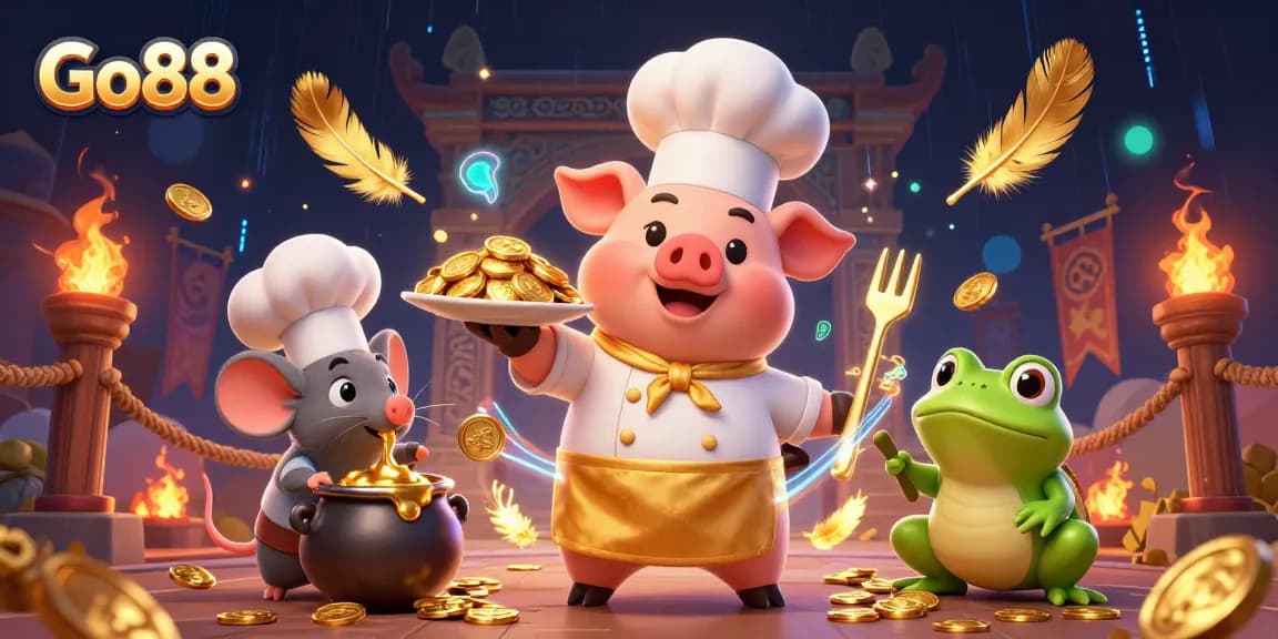 Experience thrilling gaming at Go88 with vibrant characters, gold coins, and engaging casino elements.