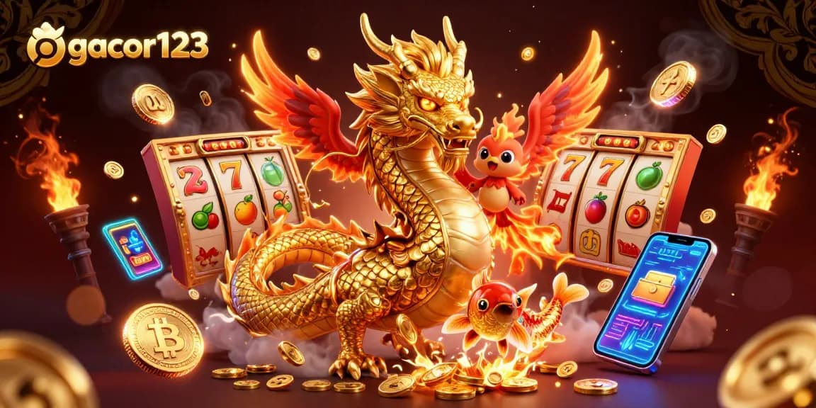 Join gacor123 for winning spins with a majestic dragon, phoenix, and koi in a dazzling casino scene!