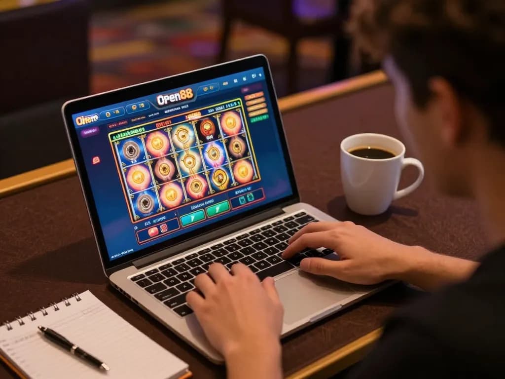 Engaging in online gaming with open88, showcasing strategic play and vibrant slot graphics