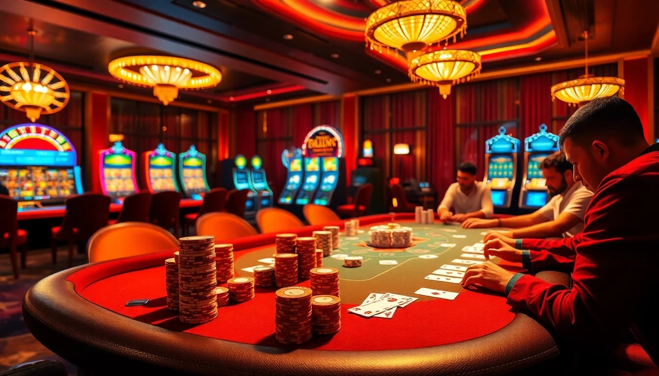 Players engaging in an exciting poker game at the luxury casino themed around ok8386, showcasing vibrant colors and poker elements.